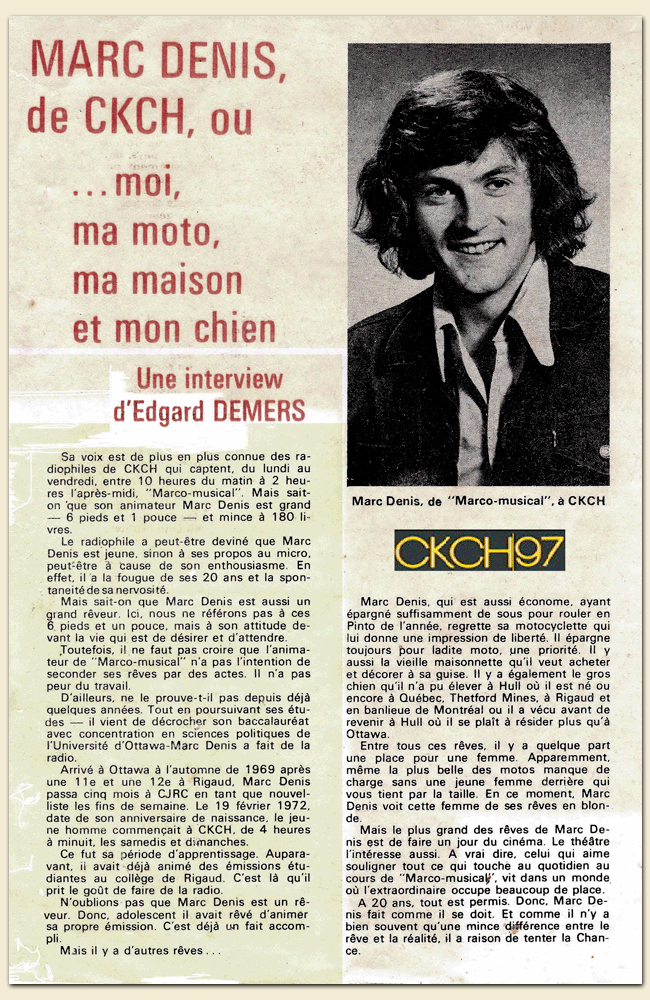 Marc Denis, article du journal Le Droit, TV Hebdo, Ottawa-Hull, juillet 1973.