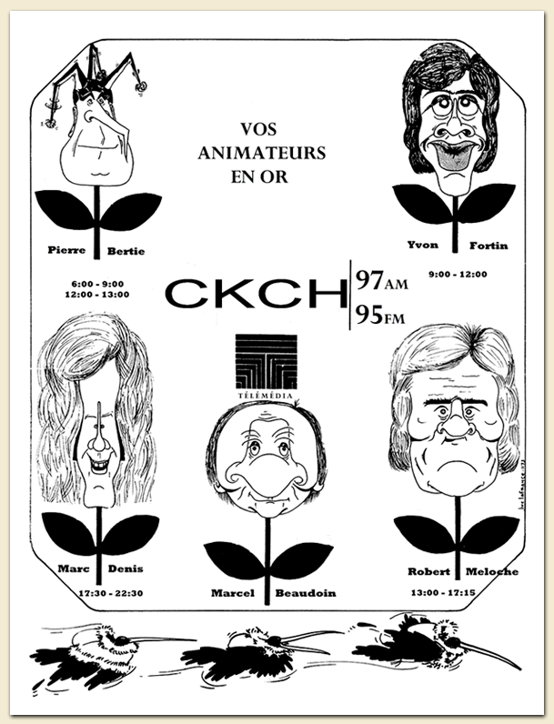 Marc Denis, weekly evening host, French-language radio station CKCH 97 Hull-Ottawa, with the gang circa 1972-1973, publicity poster and newspaper ad