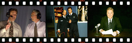 Marc Denis as colourman Danny Aubé alongside hockey play-by-play voice Alain Crète in the series He Shoots, He Scores.